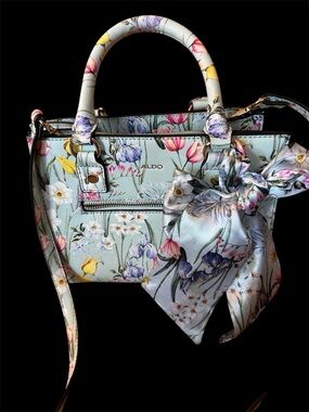ALDO Light Blue Floral-Print Small Satchel with Matching Scarf Accent